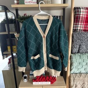 SHEIN Green and Cream Cardigan Sweater